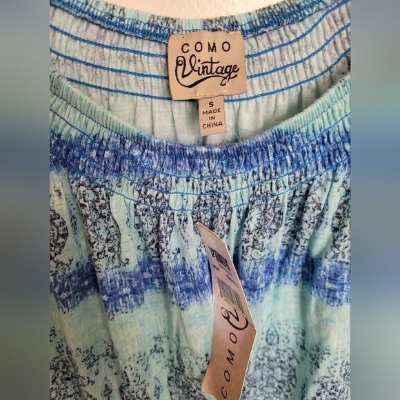 Como Vintage Aqua Blue Paisley Smocked Striped Blouse Size Small - Picture 7 of 7